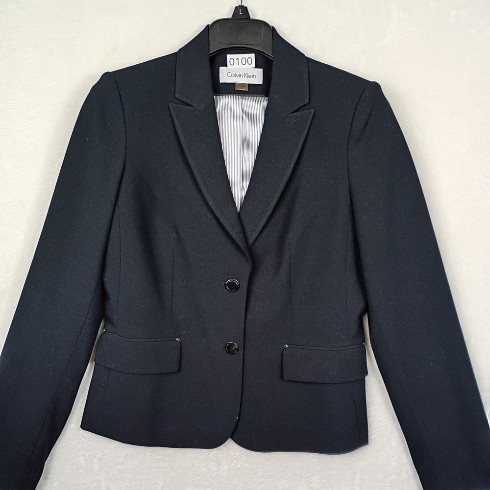 Calvin Klein Navy Blue Two Button Blazer Jacket Womens Size 4 Professional Work